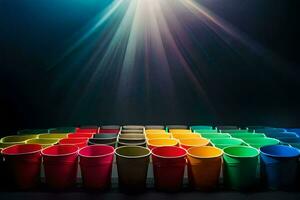 a row of colorful cups on a dark background. AI-Generated photo