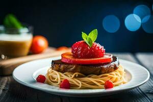 a plate with spaghetti and meat on it. AI-Generated photo