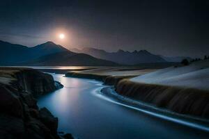 a river flows through a mountain range at night. AI-Generated photo