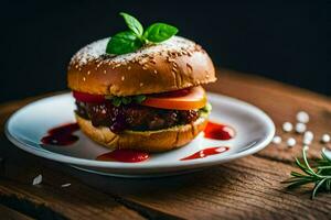 a hamburger with tomato, lettuce and herbs on a white plate. AI-Generated photo