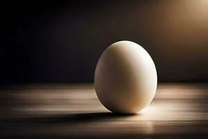 an egg sitting on a wooden table. AI-Generated photo