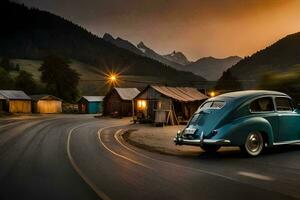 un clásico coche unidades abajo un país la carretera a puesta de sol. generado por ai foto