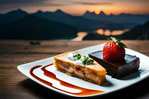 a dessert on a plate with a view of mountains. AI-Generated photo