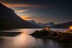 un cabina se sienta en el apuntalar de un lago a puesta de sol. generado por ai foto