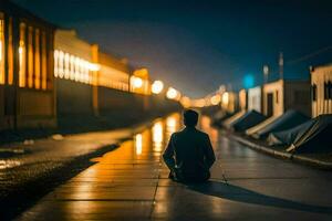 a man sits on the sidewalk at night in front of a building. AI-Generated photo