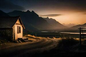 un pequeño cabina en el medio de un campo a puesta de sol. generado por ai foto