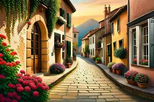 a painting of a street with flowers and potted plants. AI-Generated photo