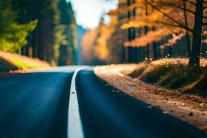 un vacío la carretera en el medio de un otoño bosque. generado por ai foto