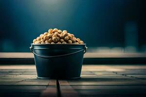 peanuts in a bucket on a wooden table. AI-Generated photo