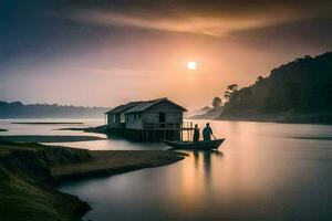 the boat is in the middle of the lake. AI-Generated photo