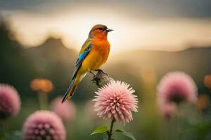 a colorful bird sits on a branch in front of pink flowers. AI-Generated photo