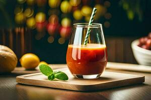a glass of juice with a straw on a wooden table. AI-Generated photo