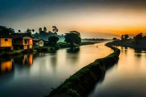 a river runs through a village at sunset. AI-Generated photo