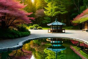 a japanese garden with a pond and a pagoda. AI-Generated photo