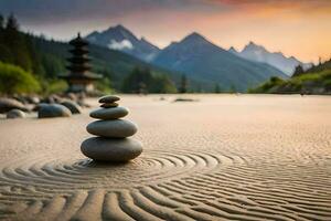 a stack of stones in the sand with mountains in the background. AI-Generated photo