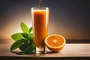 orange juice being poured into a glass with a slice of orange and mint leaves. AI-Generated photo