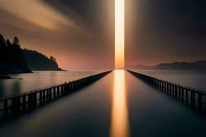 a long pier with a light shining through it. AI-Generated photo