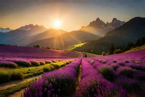 the sun rises over lavender fields in the mountains. AI-Generated photo