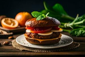 a hamburger with fruit and cheese on it. AI-Generated photo