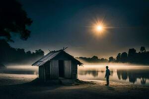 the man stands in front of a hut on the shore of a lake. AI-Generated photo