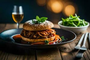 a burger with spaghetti on a plate. AI-Generated photo