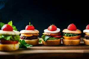 mini burgers on a wooden board with strawberries and tomatoes. AI-Generated photo