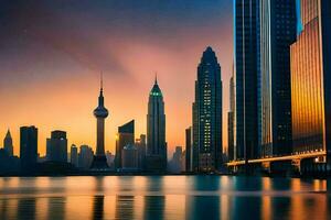 the city skyline at sunset in shanghai. AI-Generated photo