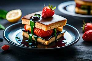 a plate with a slice of cake with strawberries and blueberries. AI-Generated photo