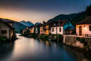 un río carreras mediante un pueblo a puesta de sol. generado por ai foto