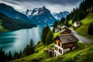 a lake and mountain village in the swiss alps. AI-Generated photo