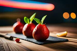 three strawberries on a black slate with mint leaves. AI-Generated photo