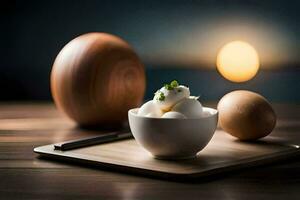 eggs and a bowl of rice on a table. AI-Generated photo