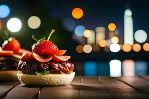 two hamburgers with strawberries on top of them. AI-Generated photo