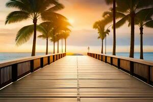 a wooden bridge leads to the ocean and palm trees. AI-Generated photo