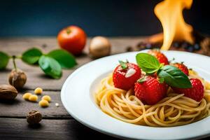 espaguetis con fresas y albahaca en un lámina. generado por ai foto