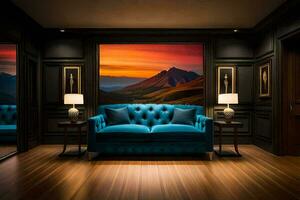 a room with a blue couch and a view of mountains. AI-Generated photo