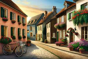 a painting of a street with a bicycle and flowers. AI-Generated photo