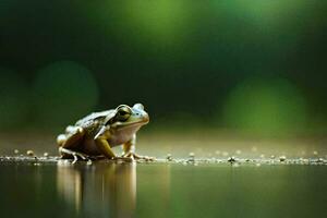 a frog sitting on the ground in front of a green background. AI-Generated photo