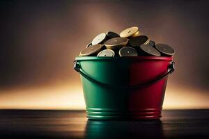 a bucket filled with coins on a table. AI-Generated photo