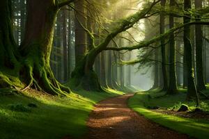 a path through a forest with trees and green grass. AI-Generated photo
