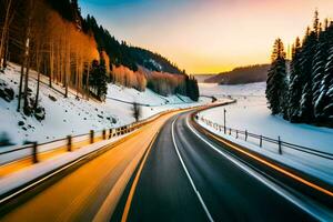 a highway in the winter with snow on the ground. AI-Generated photo