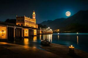 the moon rises over a bridge and a church. AI-Generated photo