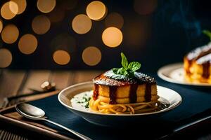 two plates with spaghetti and sauce on them. AI-Generated photo