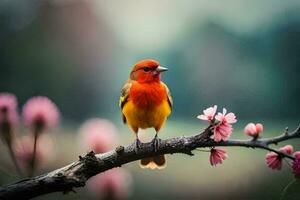 a red bird is sitting on a branch with pink flowers. AI-Generated photo