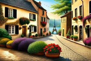 a painting of a street with flowers and buildings. AI-Generated photo