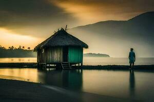a man stands in front of a hut on the beach at sunset. AI-Generated photo