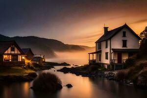 a house sits on the shore of a river at sunset. AI-Generated photo