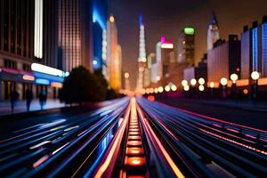 un ciudad calle a noche con luces en el pistas generado por ai foto