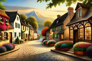 a painting of a street in a village. AI-Generated photo