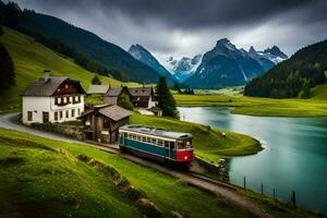 un tren de viaje mediante el montañas. generado por ai foto